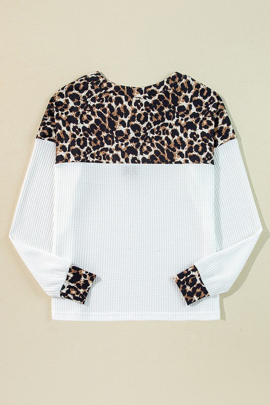 Leopard Waffle Knit Patchwork Button Sweatshirts