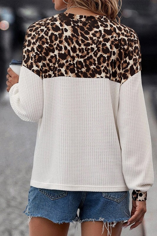 Leopard Waffle Knit Patchwork Button Sweatshirts